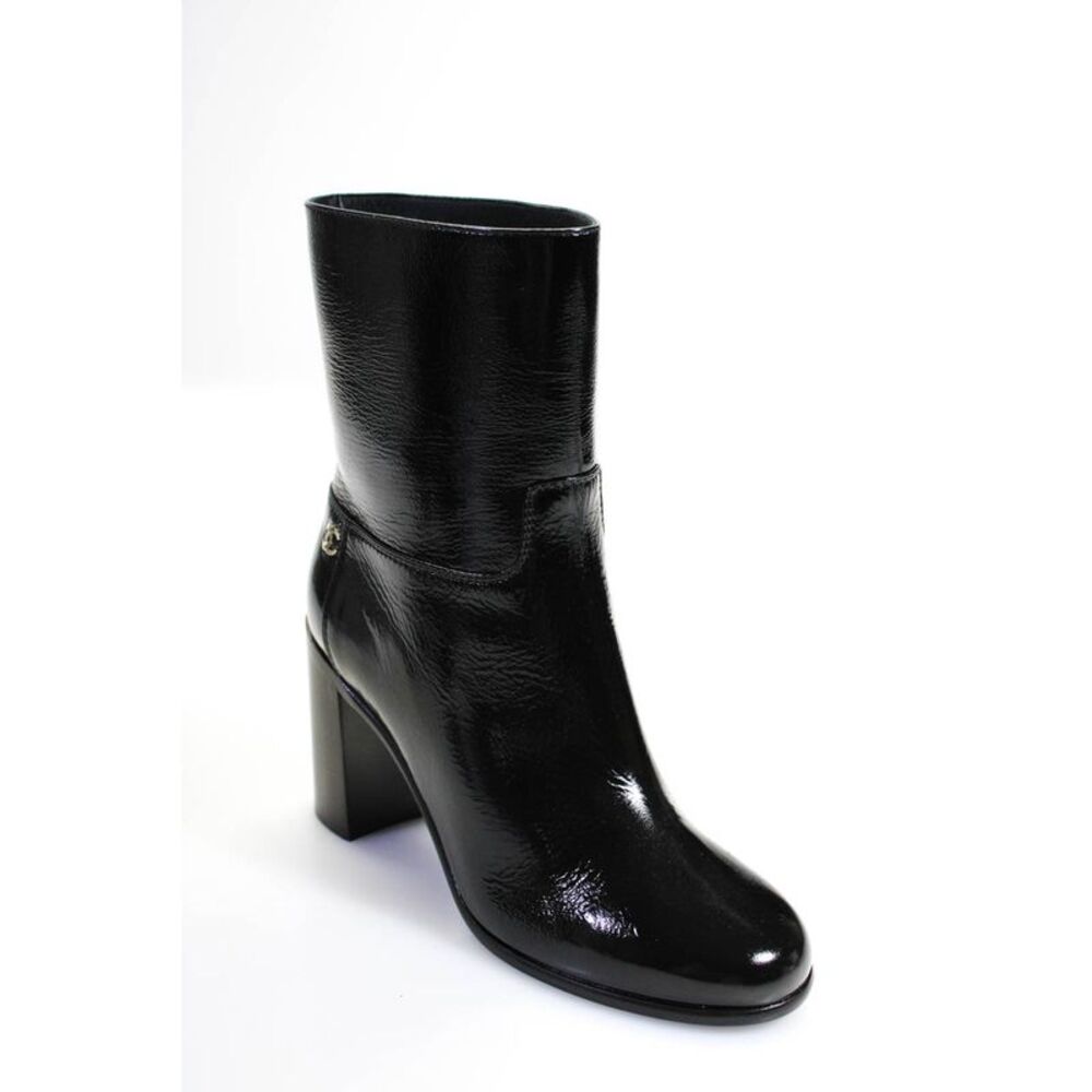 Chanel Womens Patent Leather Block Heel Ankle Boots Black Size 38 8